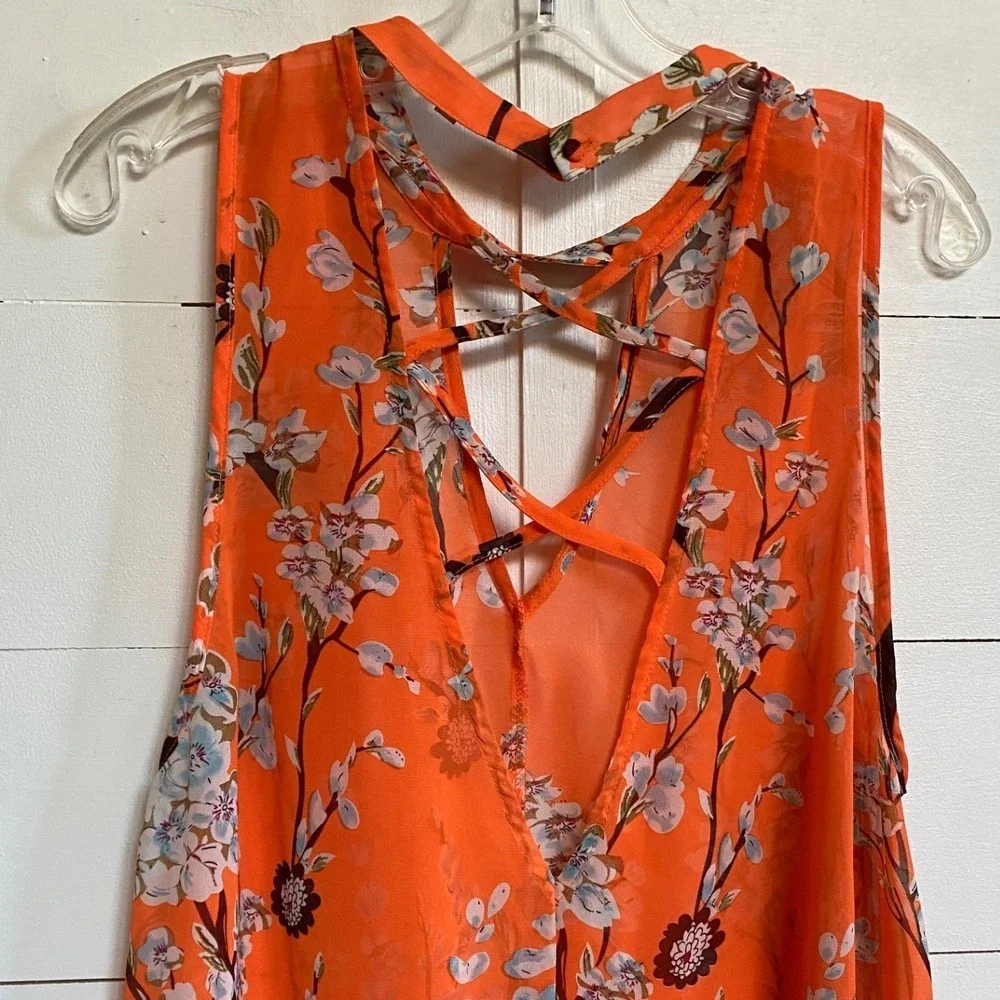 Miss Me Orange Floral Choker Neck Open Back Crisscross Blouse MDT1017T L - Picture 8 of 14